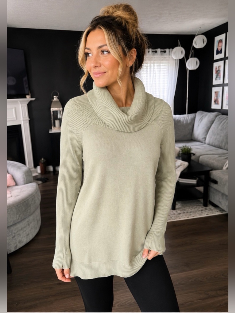 Cable & Gauge Cowl Neck Tunic Sweater Sage Green Size Small